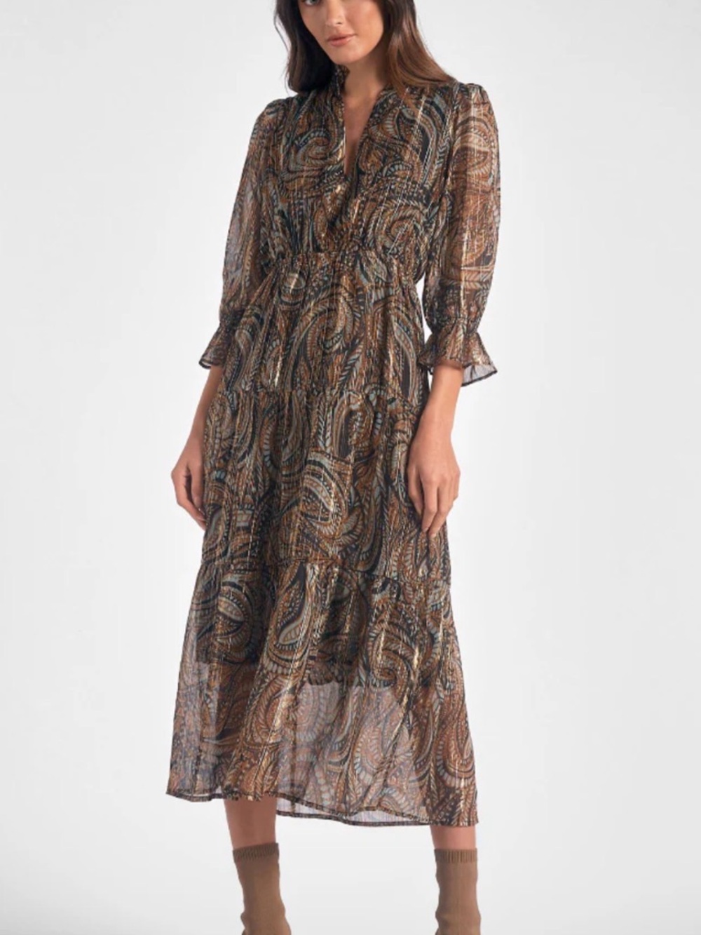 Elan Paisley 3/4 sleeveMidi Dress in Brown – Sheer Dress fully lined Size Small